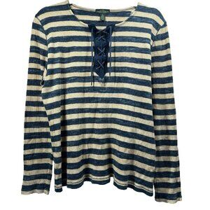 Lauren Ralph Lauren Top Women's XL Blue Beige Stripe Long Sleeve Pullover Cotton